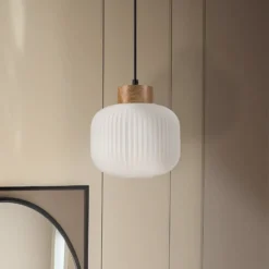 Hängeleuchte Harmony, Ø 20 cm, Opalglas, Eichenholz, E27