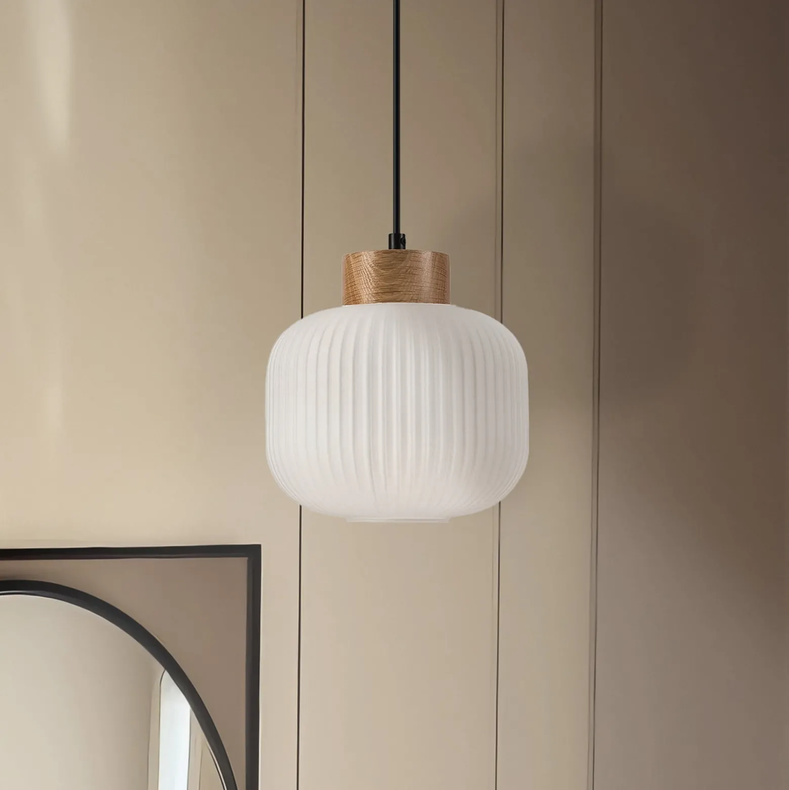 Hängeleuchte Harmony, Ø 20 cm, Opalglas, Eichenholz, E27