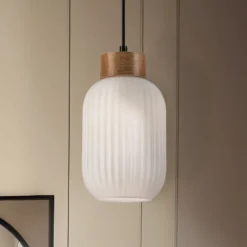 Hängeleuchte Harmony, Ø 14 cm, weiß/eiche, Glas/Holz