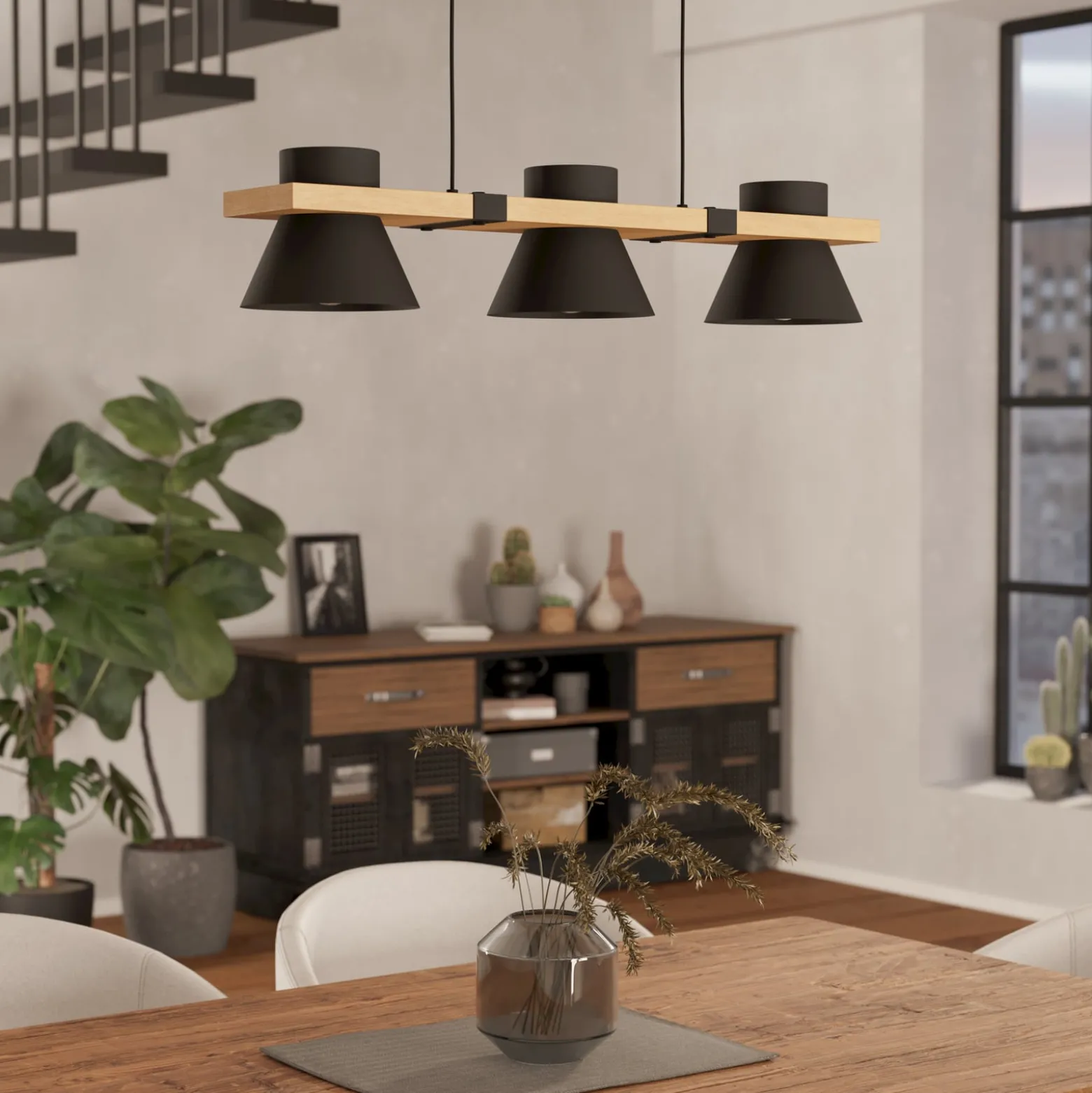 Hängeleuchte Maccles in Schwarz mit Holz, 3-fl.