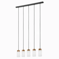 Hängeleuchte Markus, Opalglas/Eichenholz Länge 100 cm 5-flg.