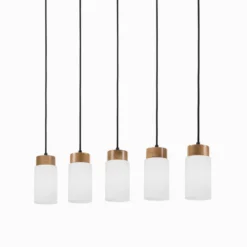 Hängeleuchte Markus, Opalglas/Eichenholz Länge 100 cm 5-flg.