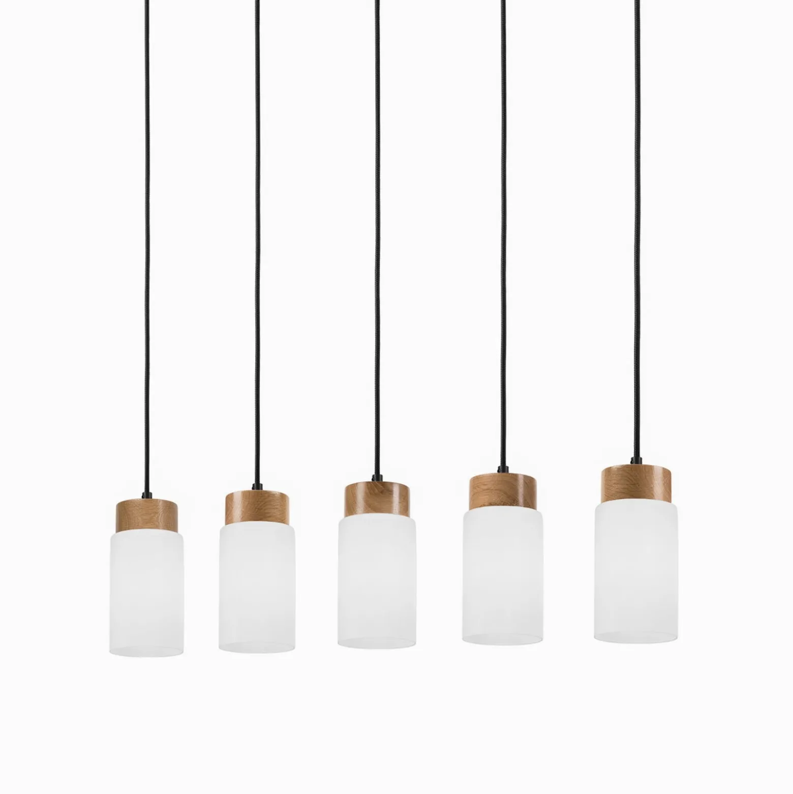 Hängeleuchte Markus, Opalglas/Eichenholz Länge 100 cm 5-flg.