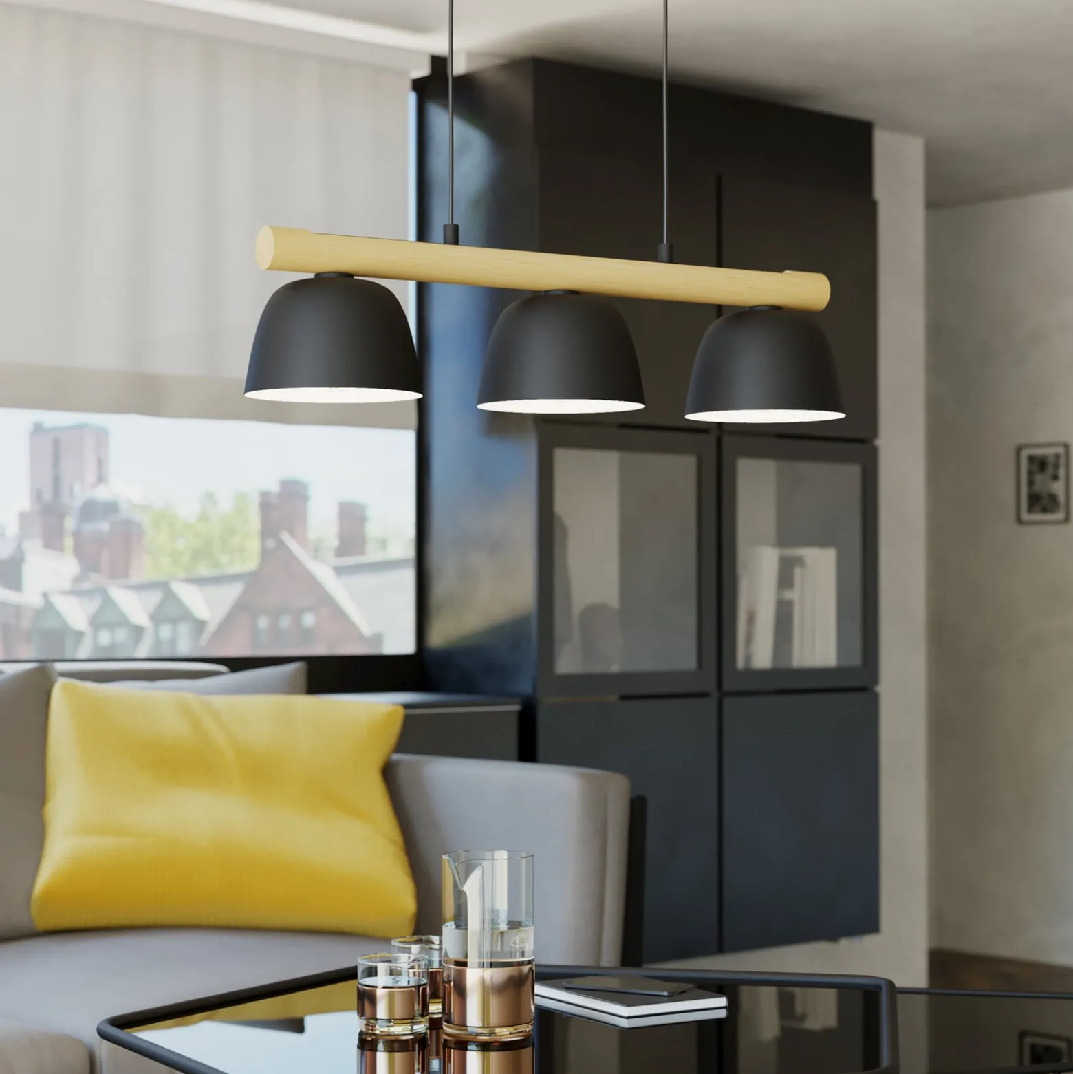 Hängeleuchte Sherburn, Länge 77 cm, schwarz/braun, 3-flg.