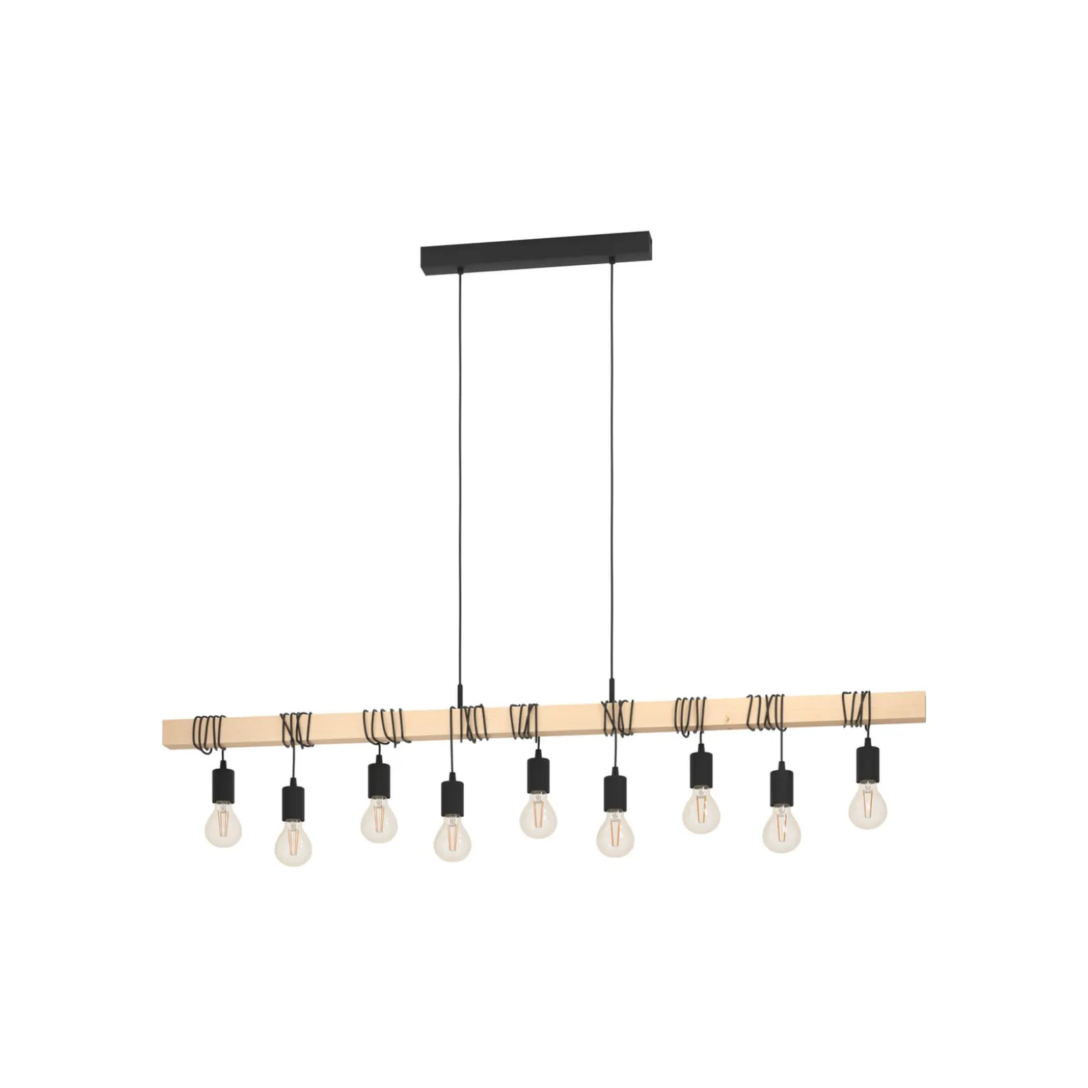 Hängeleuchte Townshend, Länge 150 cm, schwarz/holz, 9-flg.