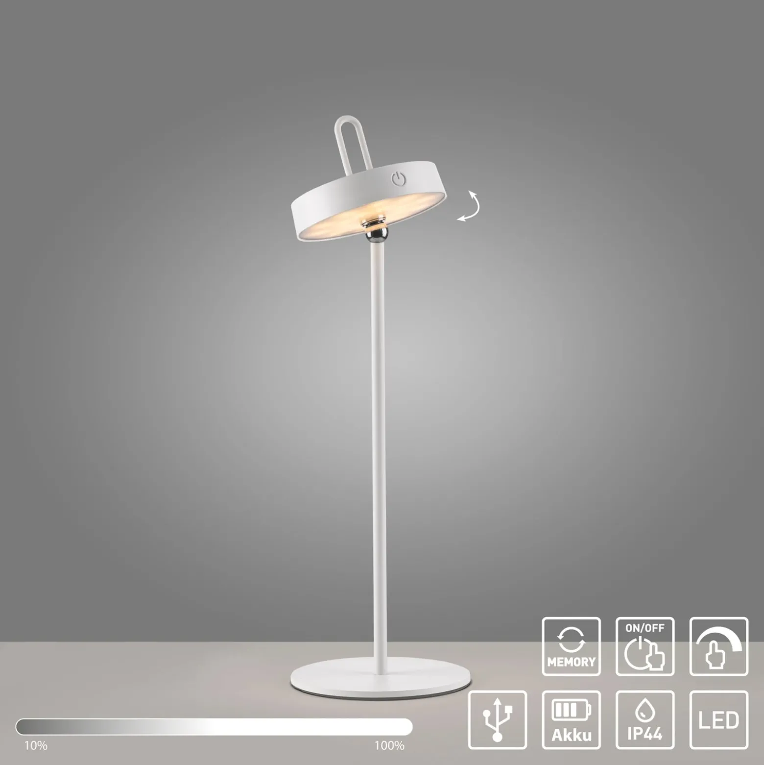 JUST LIGHT. LED-Akku-Tischleuchte Amag, weiß, Eisen, IP44