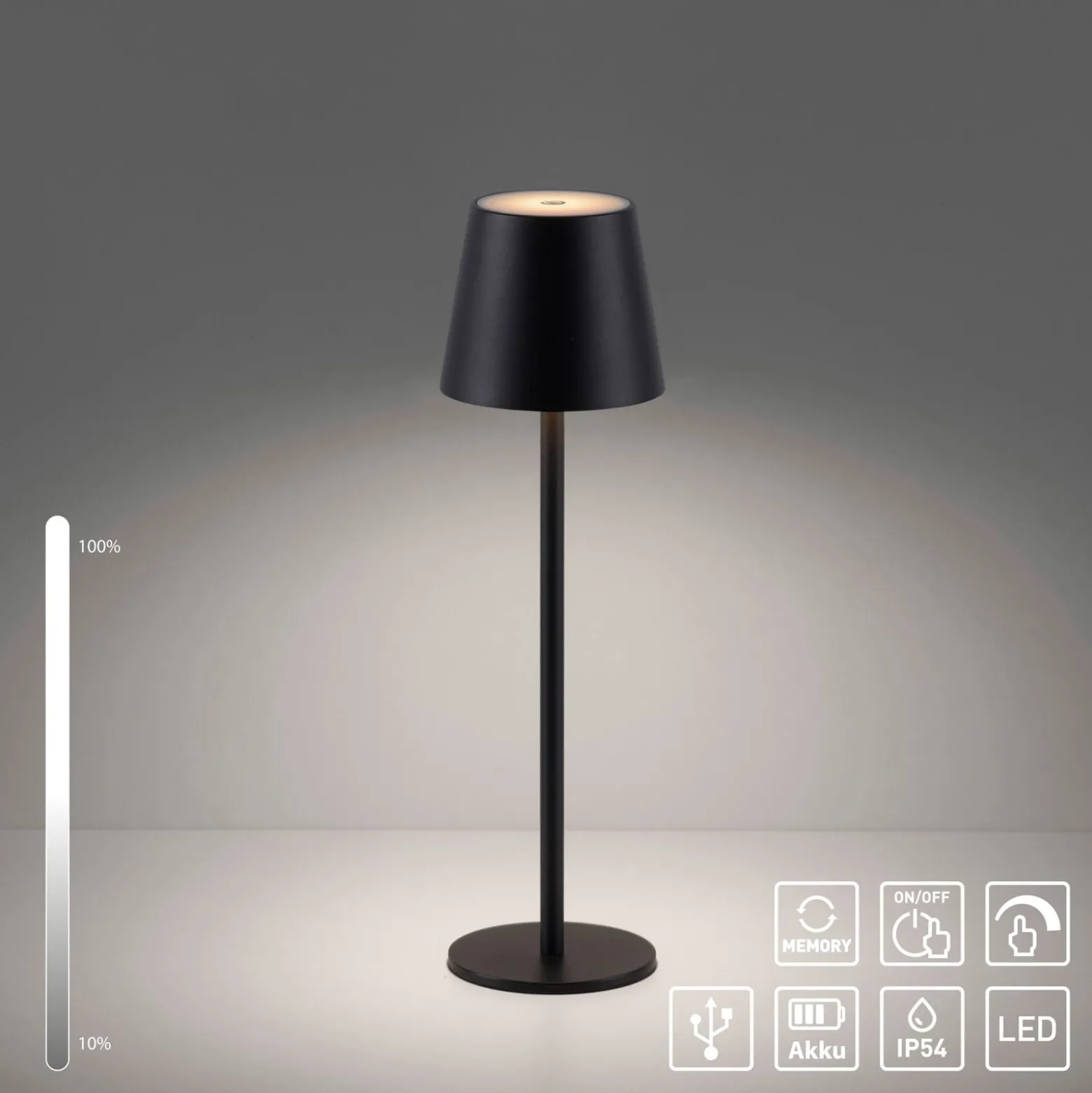JUST LIGHT. LED-Akku-Tischleuchte Euria, schwarz, Eisen IP54