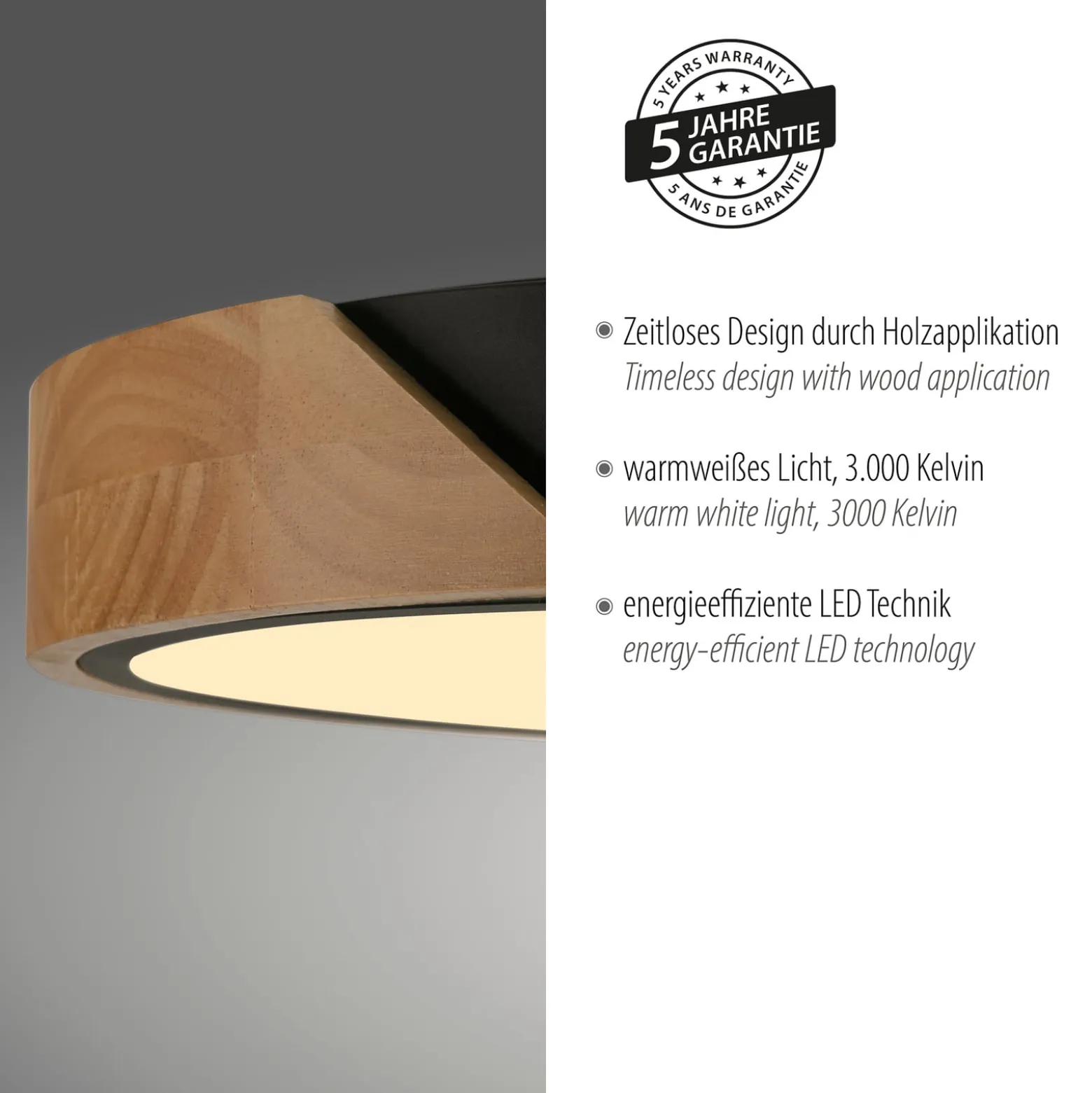 JUST LIGHT. LED-Deckenleuchte Bila, schwarz, Ø 32 cm, Holz