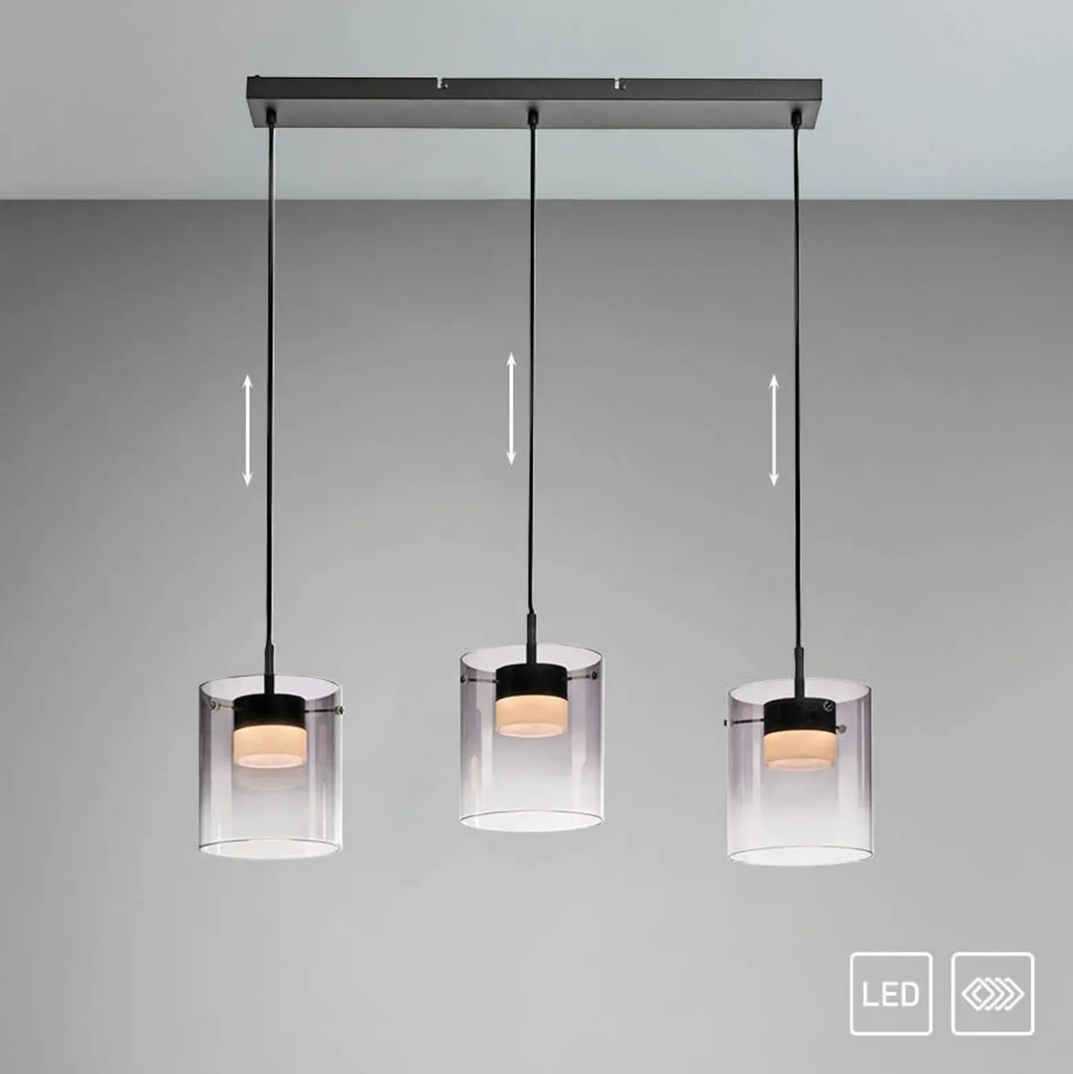 JUST LIGHT. LED-Hängeleuchte Elio, Rauchglas, 3-fl., schwarz