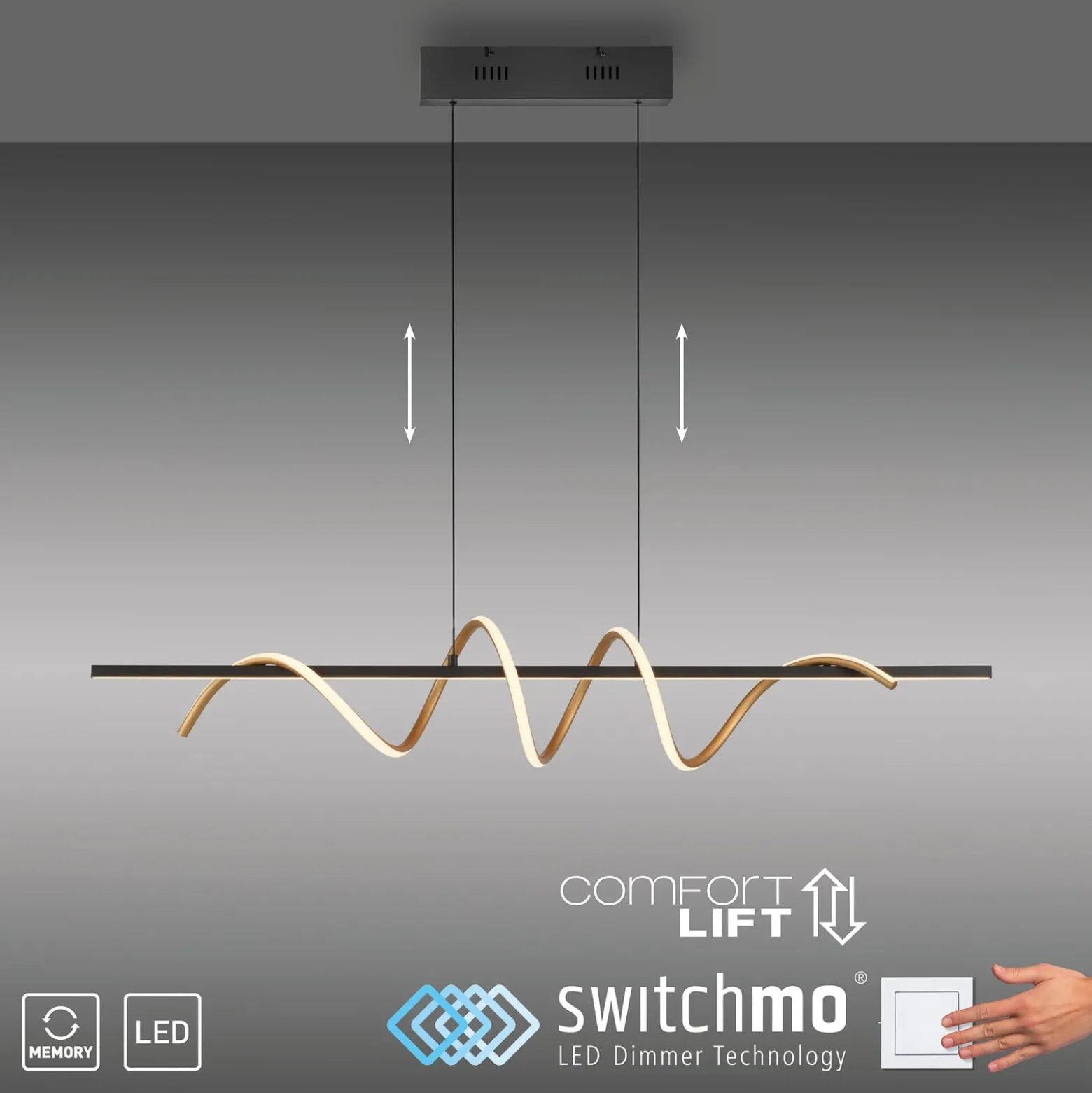JUST LIGHT. LED-Hängeleuchte Emanda, Eisen, schwarz-messing
