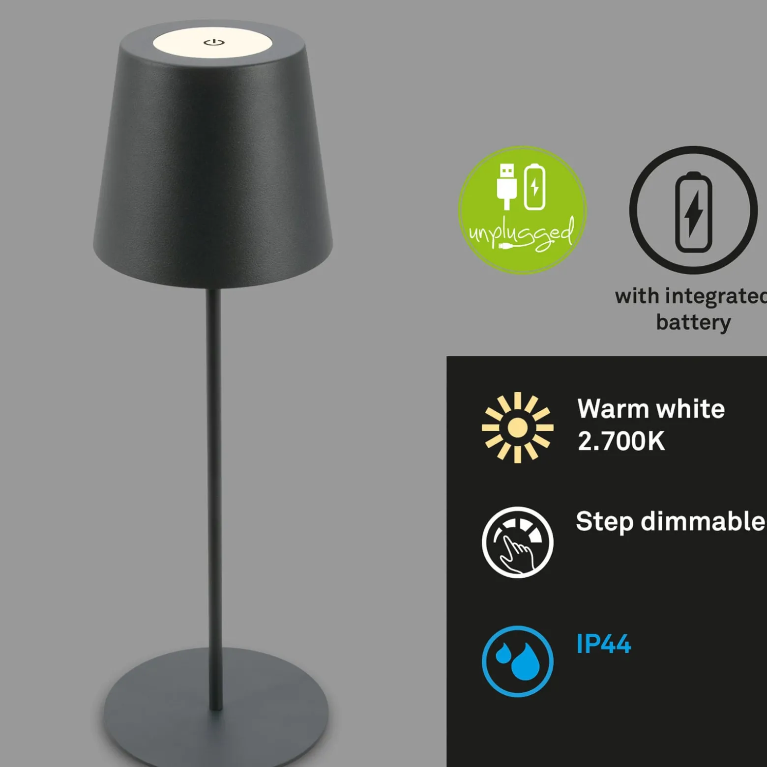 LED-Akku-Tischlampe 7508015, anthrazit 2.700 K IP44 Touchdim