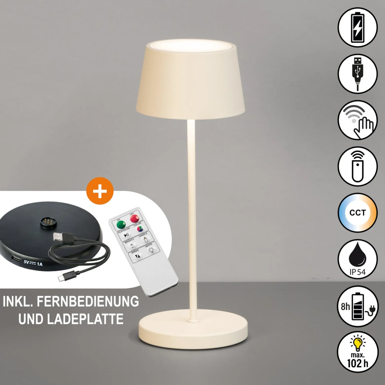 LED-Akku-Tischlampe Asena Pro sandbeige, 30 cm Metall IP54