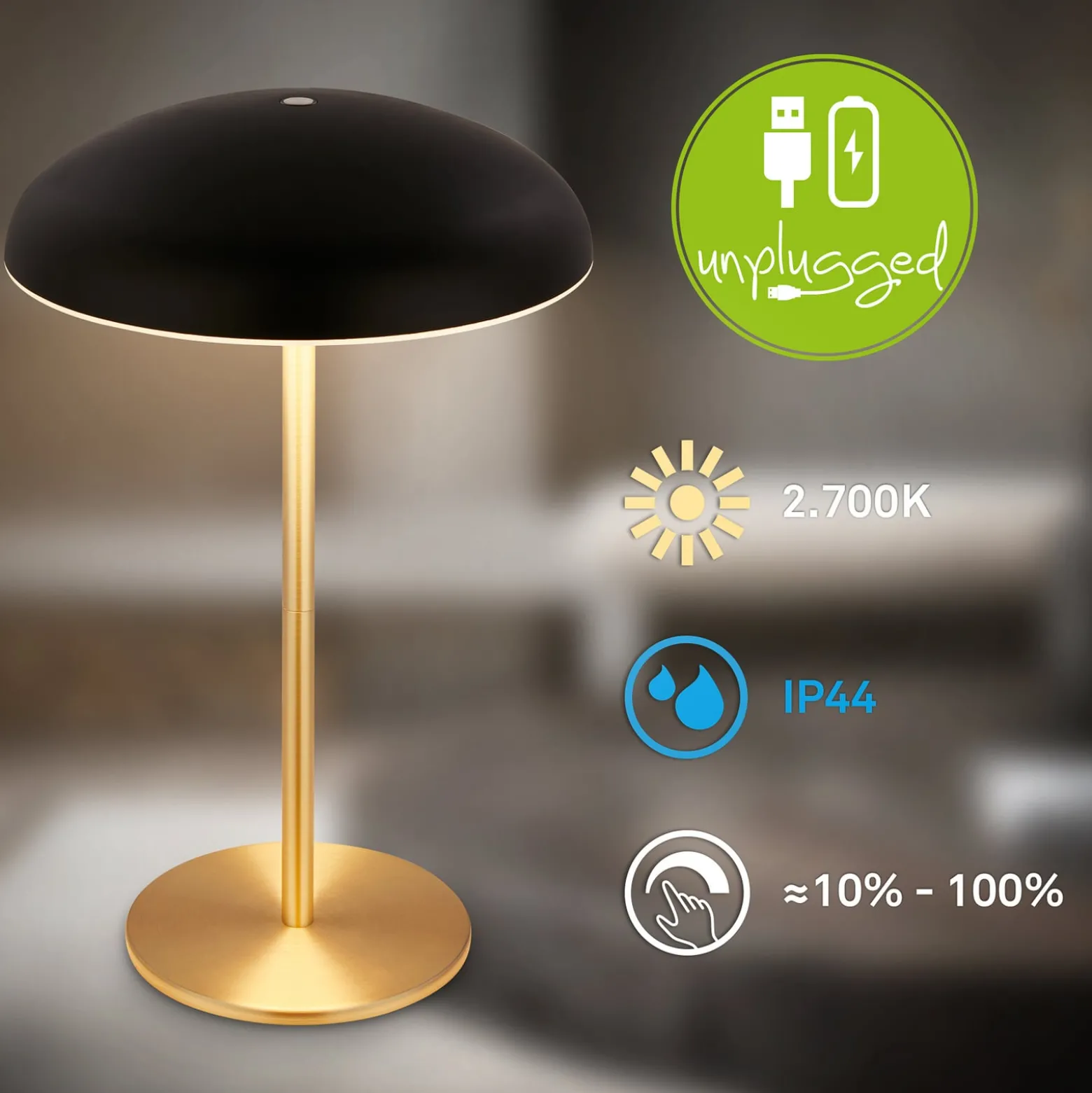 LED-Akku-Tischlampe Brilo unplugged Caxa 30, schwarz/messing