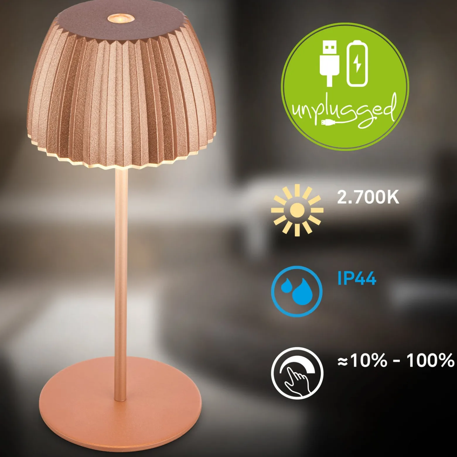LED-Akku-Tischlampe Brilo unplugged Riffle, 20 cm, kupfer