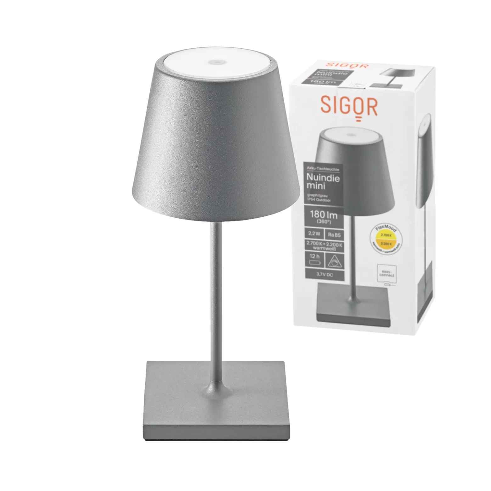 LED-Akkutischlampe Nuindie mini, USB, grafit, IP54, dimmbar