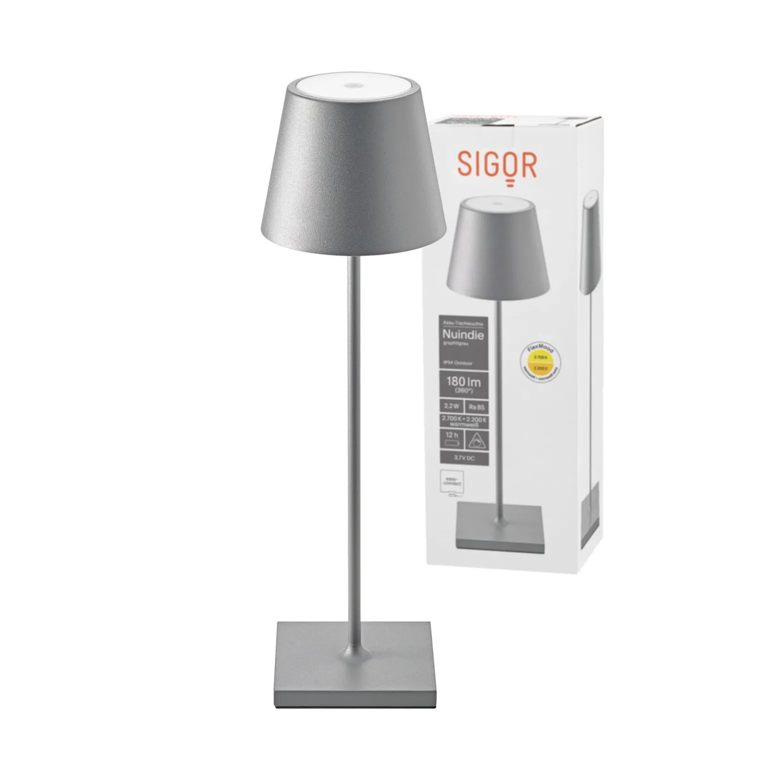LED-Akkutischlampe Nuindie, USB-C, graphit, IP54, dimmbar