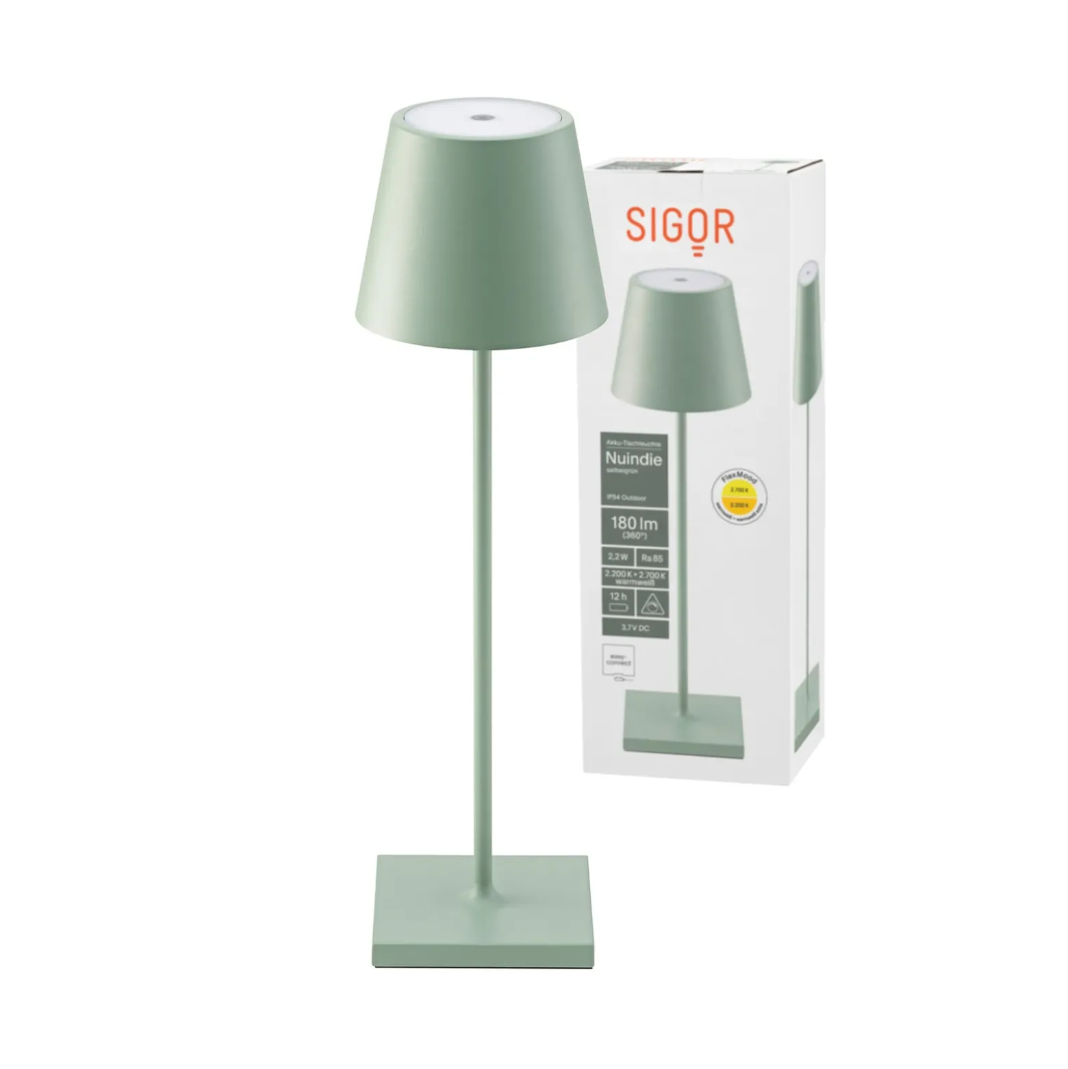 LED-Akkutischlampe Nuindie, USB-C, salbeigrün, IP54, dimmbar