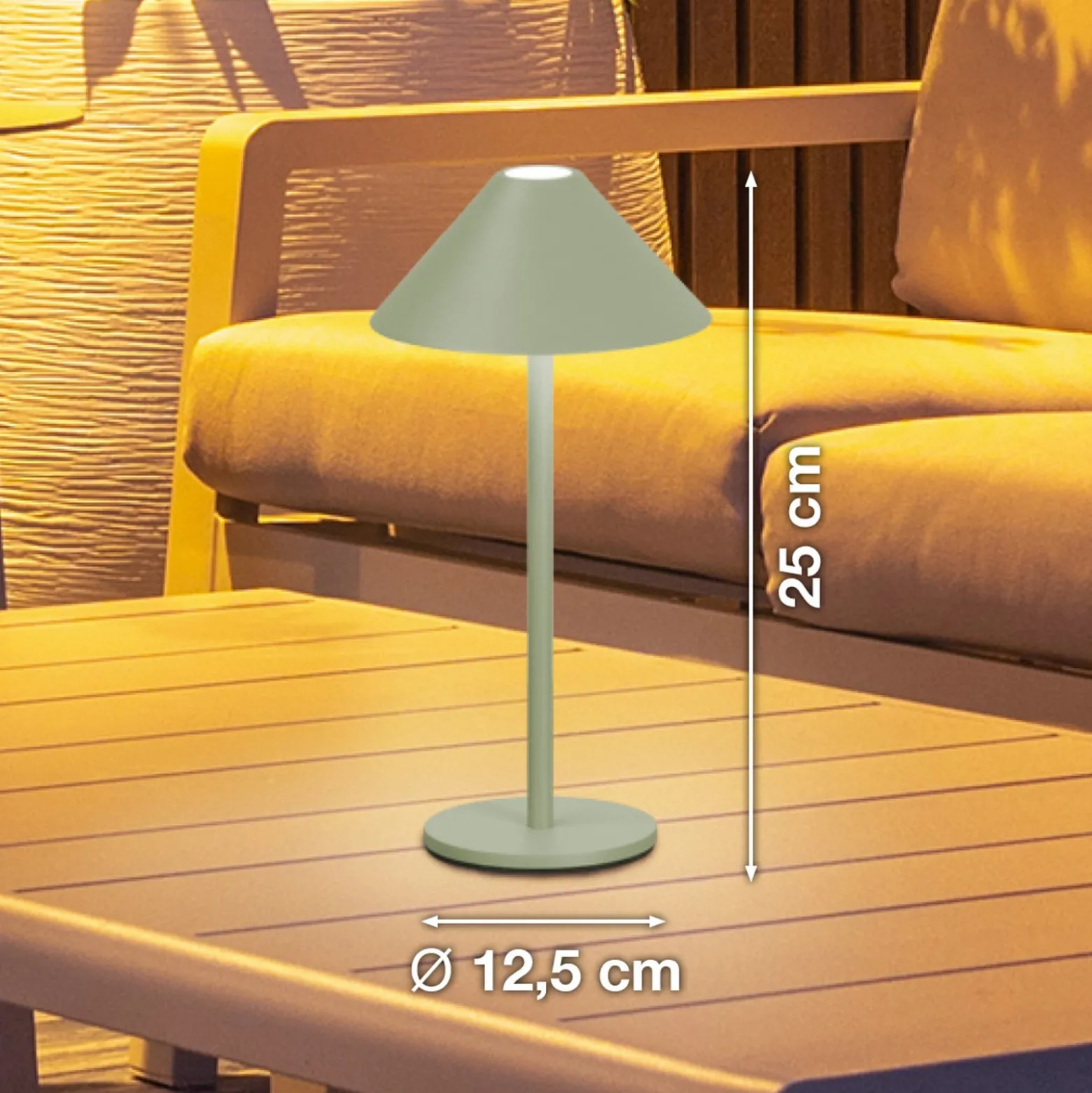 LED-Akku-Tischlampe Prato, salbeigrün Höhe 25 cm Metall IP54