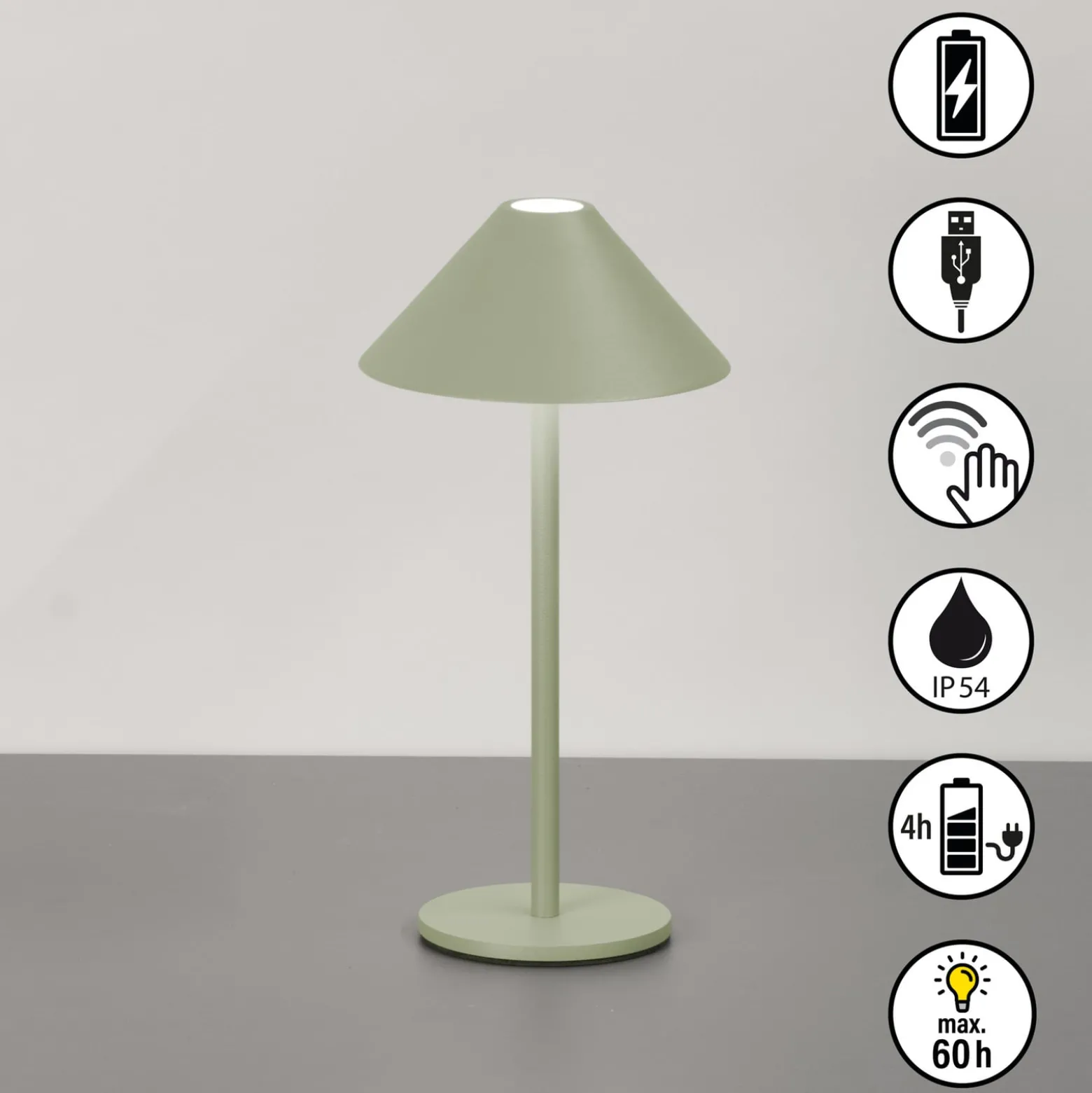 LED-Akku-Tischlampe Prato, salbeigrün Höhe 25 cm Metall IP54