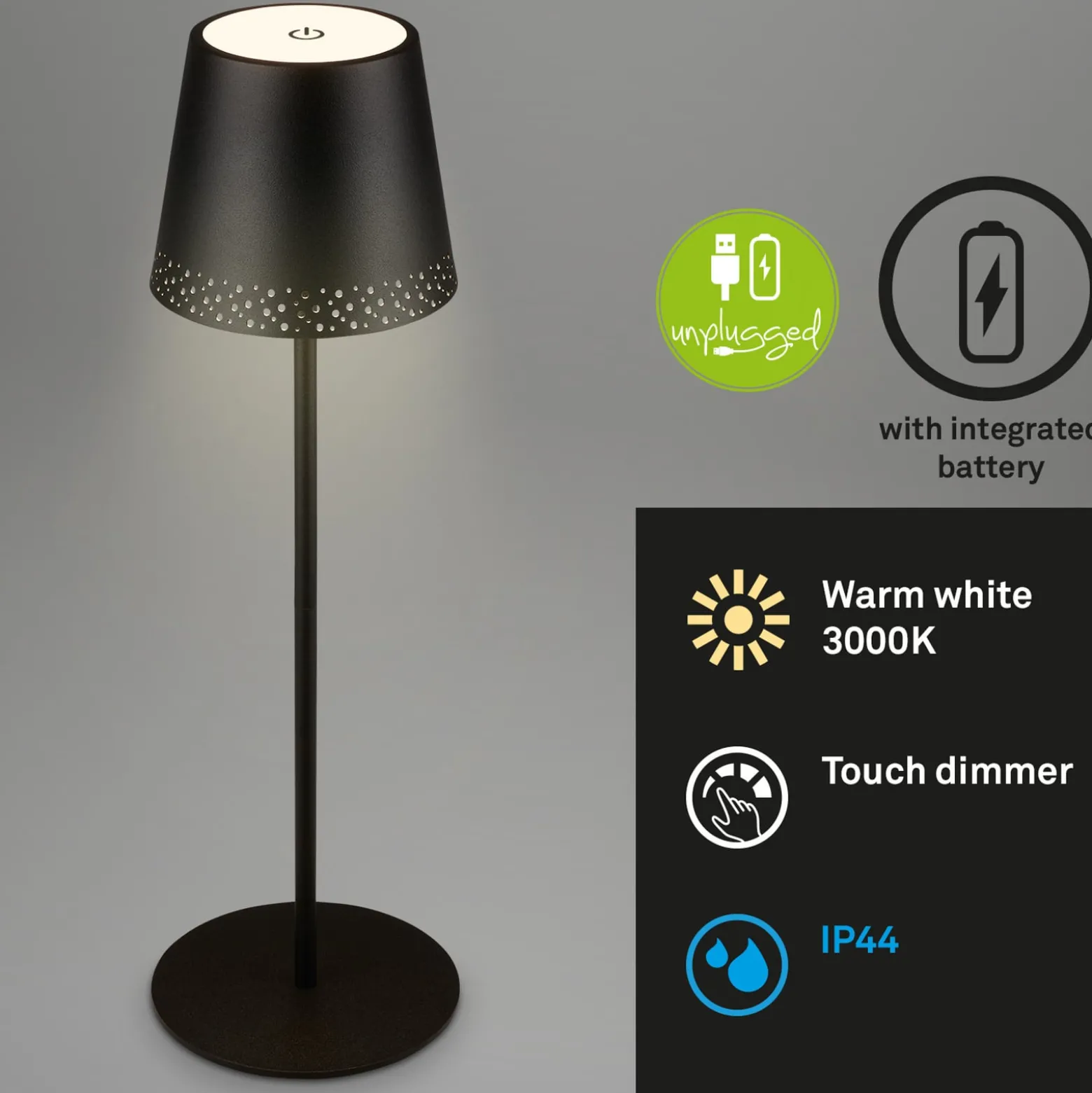 LED-Akku-Tischleuchte Kiki, schwarz, IP44, 3.000K
