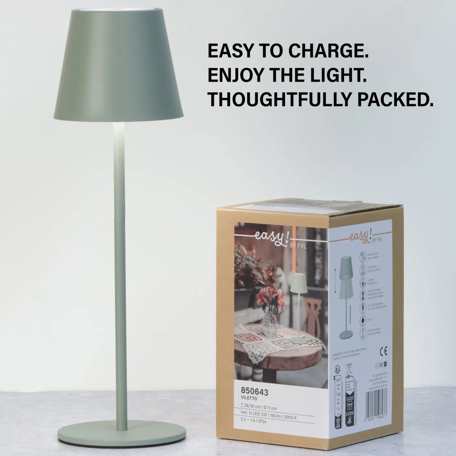 LED-Akku-Tischleuchte Viletto, salbeigrün, IP54