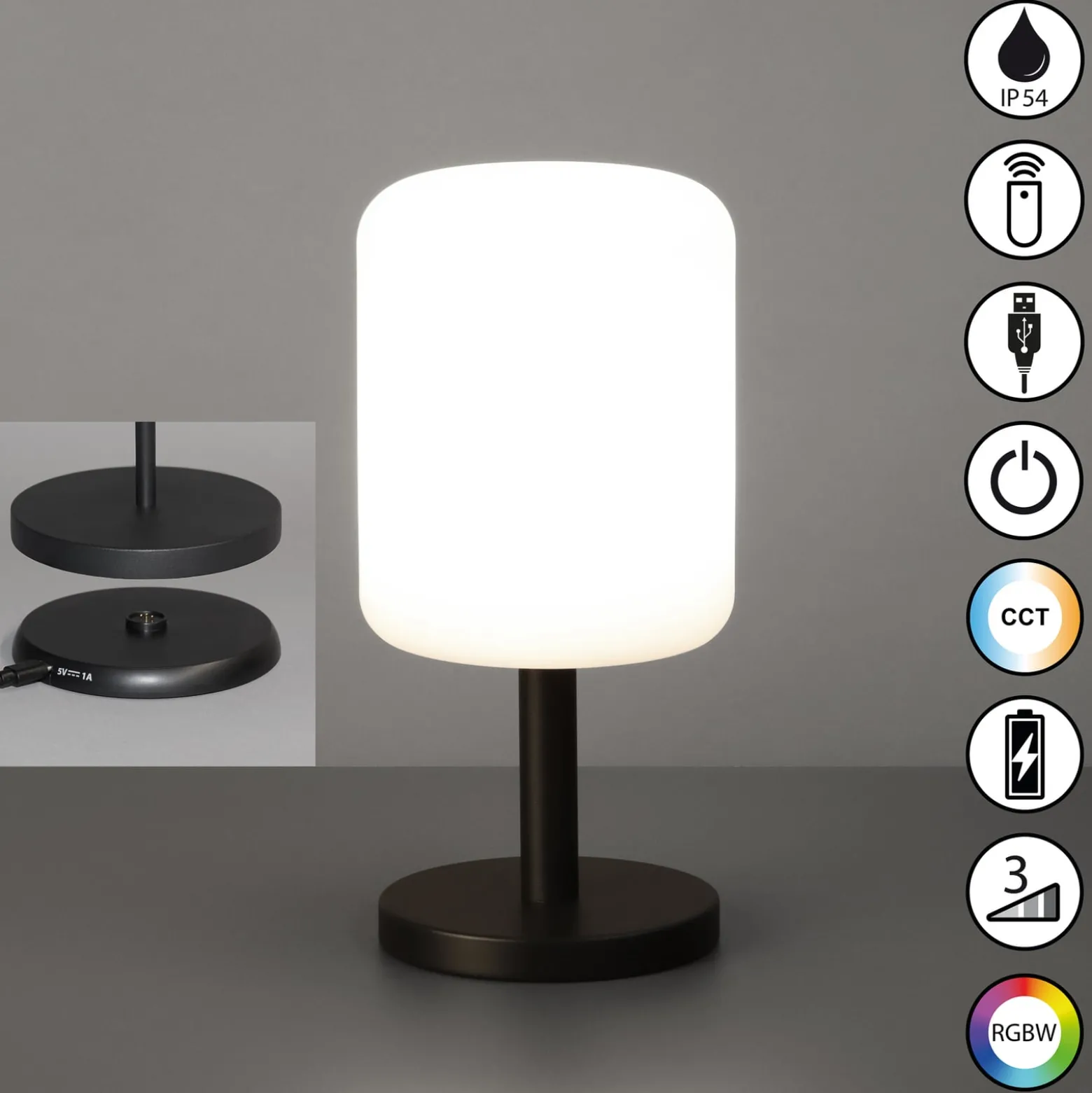 LED-Akkutischleuchte Volterra Pro, IP54, RGBW, Fernbedienung
