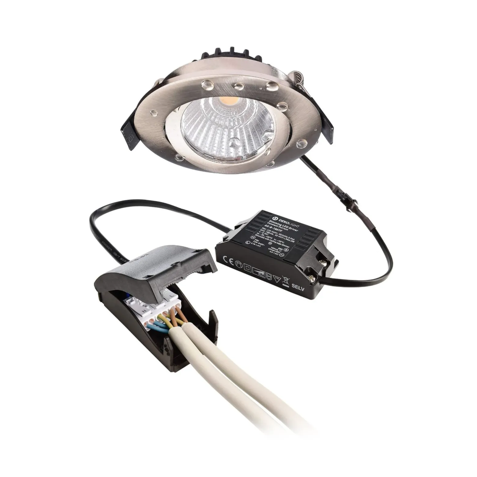 LED-Deckeneinbauleuchte Dione, IP44, 4.000 K, nickel, dim