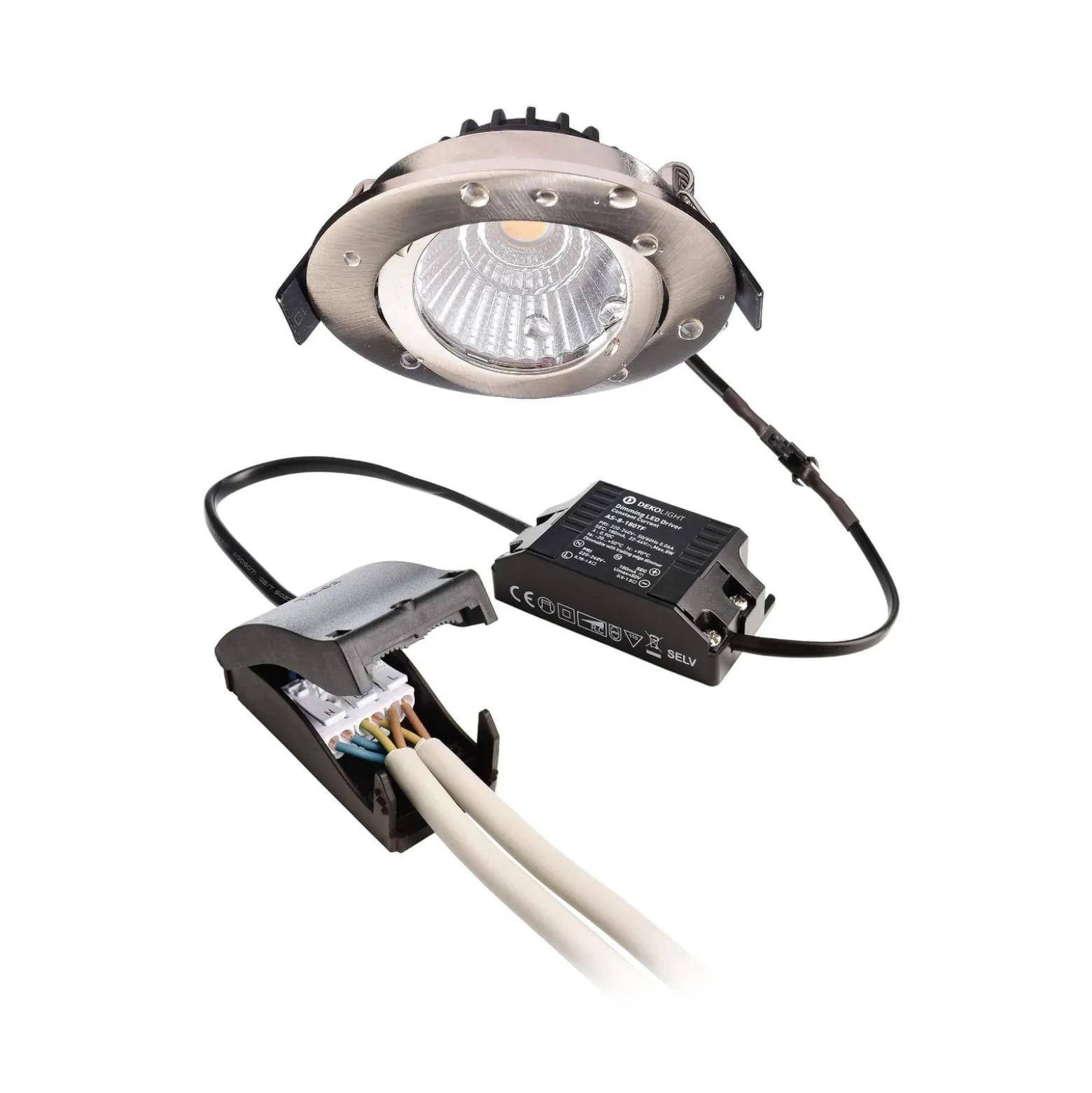 LED-Deckeneinbauleuchte Dione, IP44, nickel, dim to warm
