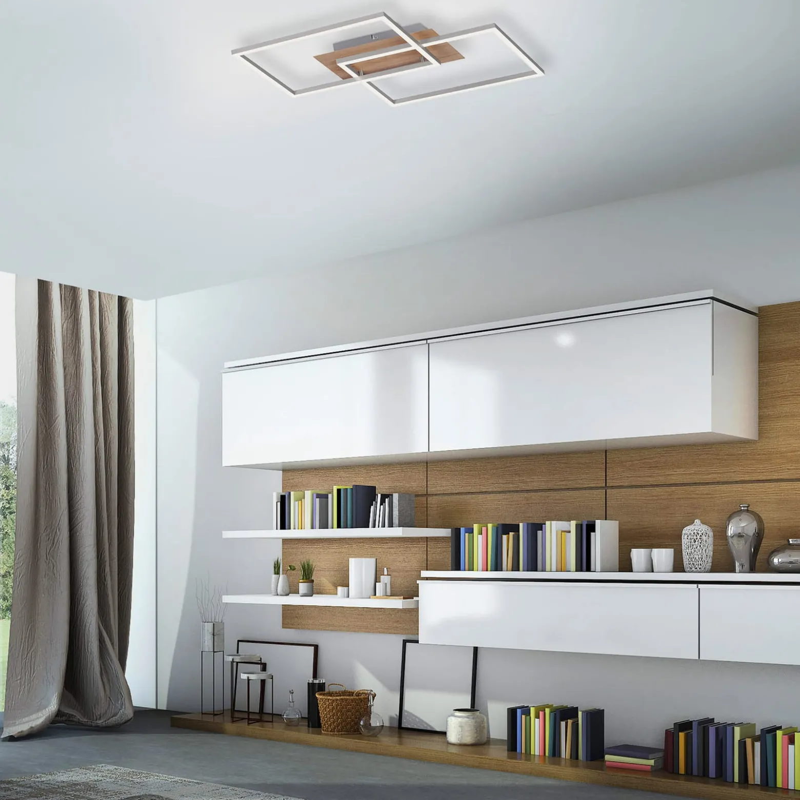 LED-Deckenleuchte Iven, dim, stahl/holz, 50,4x42cm