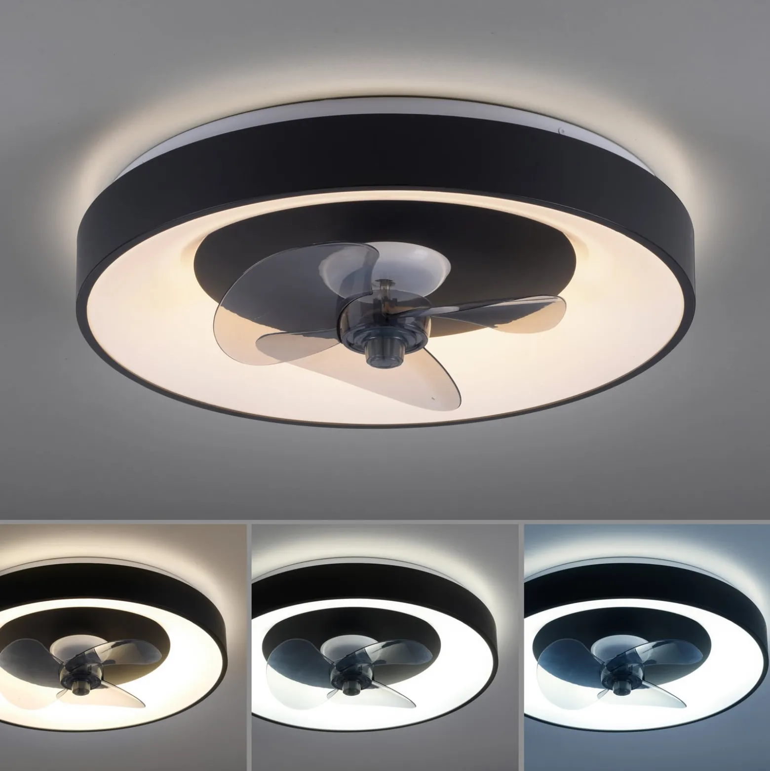 LED-Deckenventilator Venika, schwarz CCT, Fernbed. Ø 48,6 cm