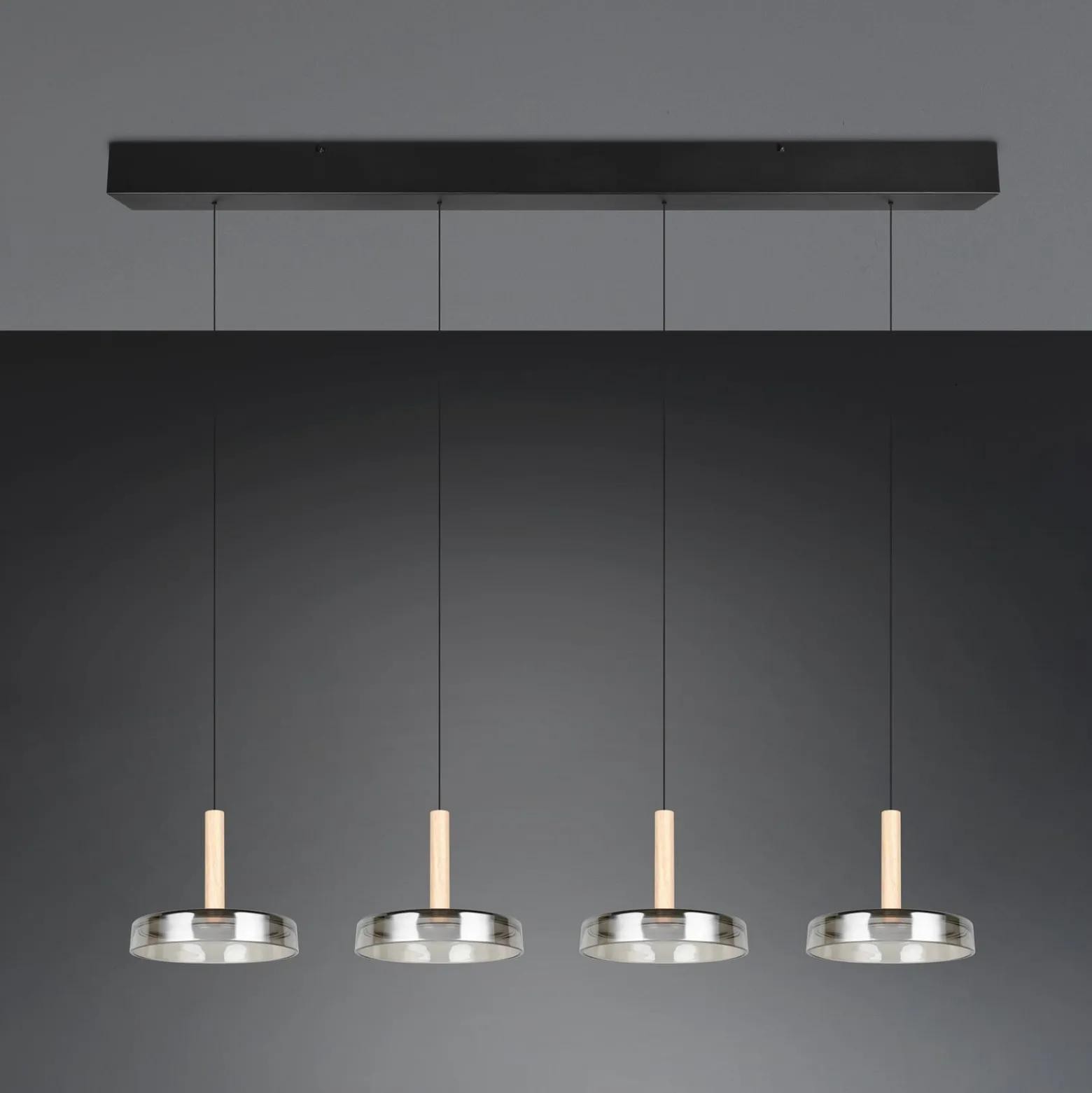 LED-Hängelampe Celeste chrom/holz 115 cm 4-flg. Glas dimmbar