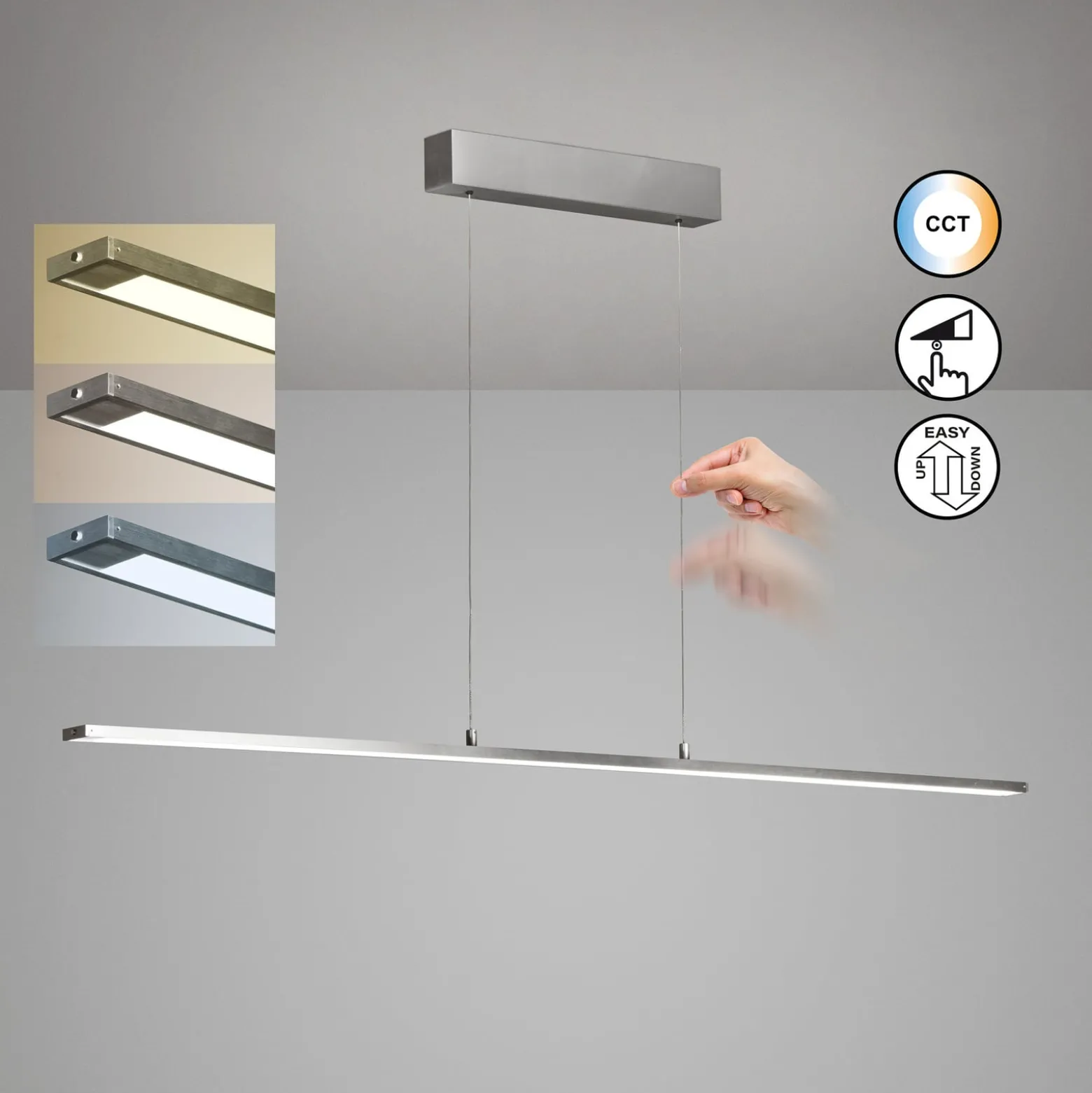 LED-Hängelampe Marlo, aluminium, Länge 140 cm, CCT, Touchdim