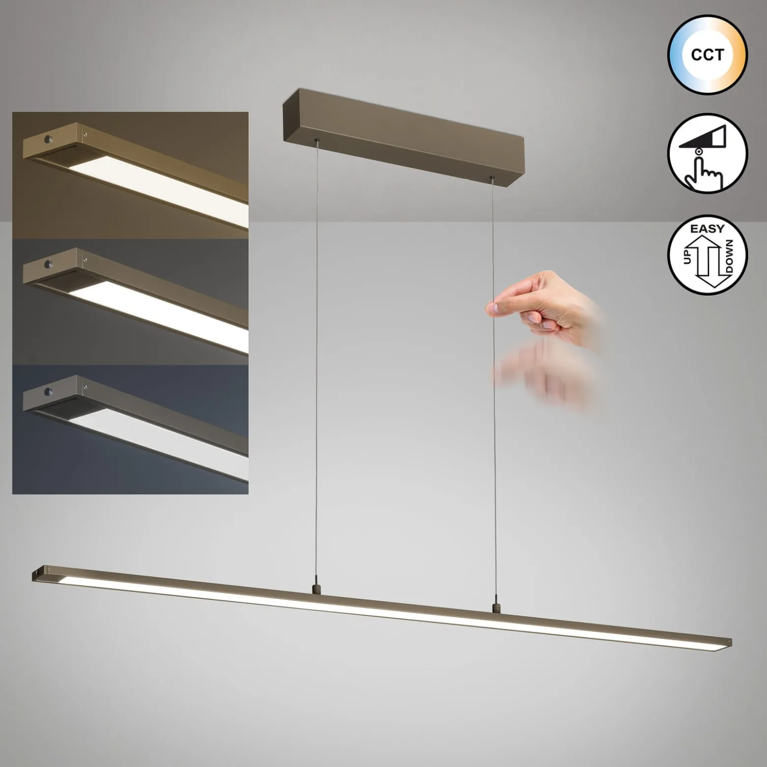 LED-Hängelampe Marlo, greige, Länge 120 cm, CCT, Touchdimmer