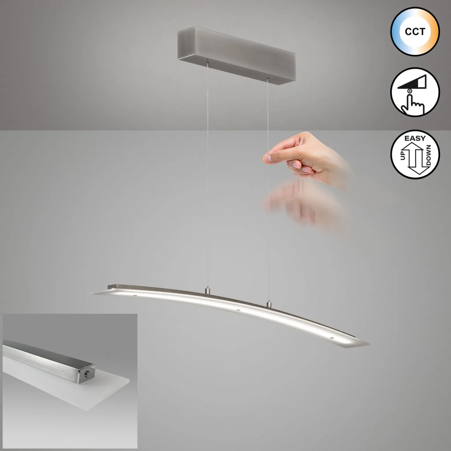 LED-Hängelampe Mavero, nickel, Länge 90 cm, CCT, Touchdimmer