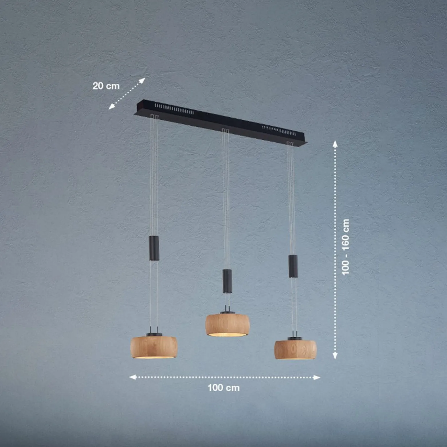 LED-Hängelampe Shine-Wood, Eiche/schwarz Länge 100 cm 3-flg.