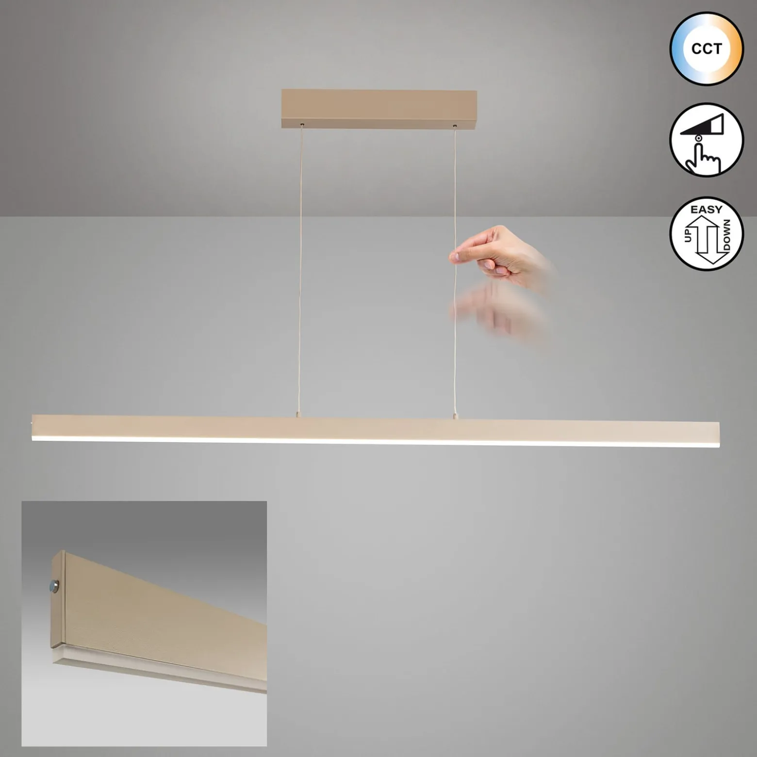 LED-Hängelampe Silvano, sand, Länge 115 cm, CCT, Touchdimmer