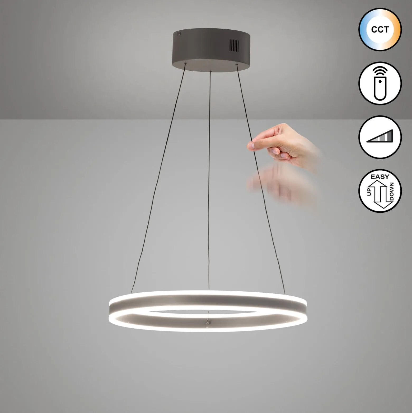 LED-Hängelampe Silvio, Ø 50 cm, sandgrau, Metall, CCT,
