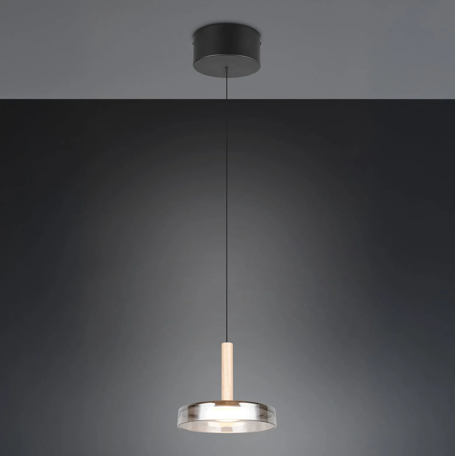 LED-Hängeleuchte Celeste, chrom/holz, Ø 22 cm, Glas, dimmbar