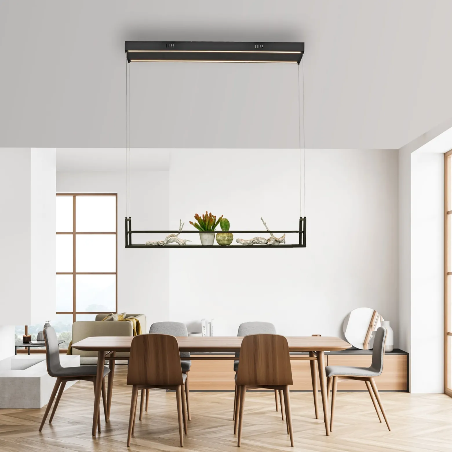 LED-Hängeleuchte Sontura, schwarz, Eisen, Regal dekorierbar