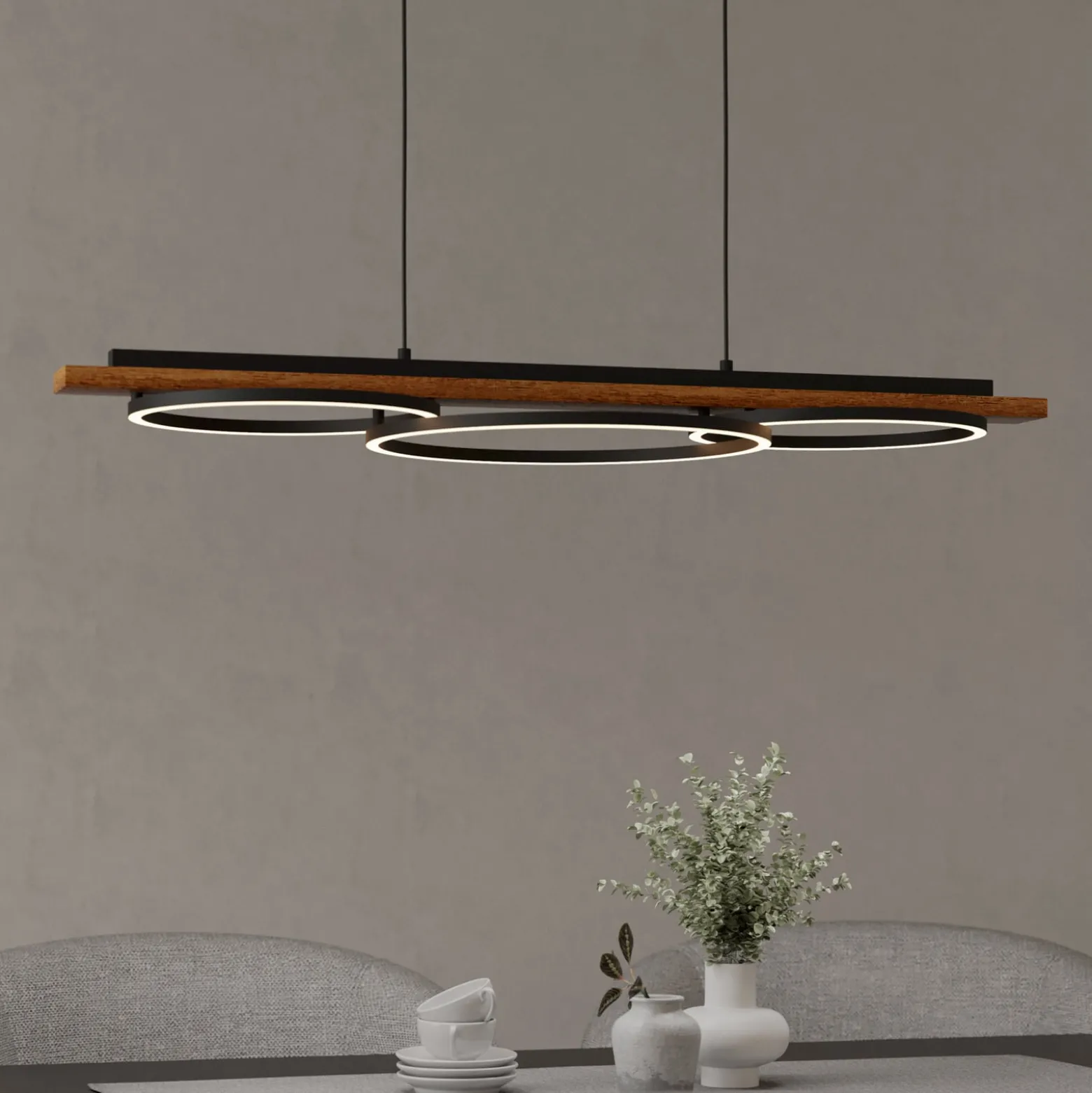 LED-Pendellampe Boyal, braun, Länge 101 cm, Holz, 3-flg.