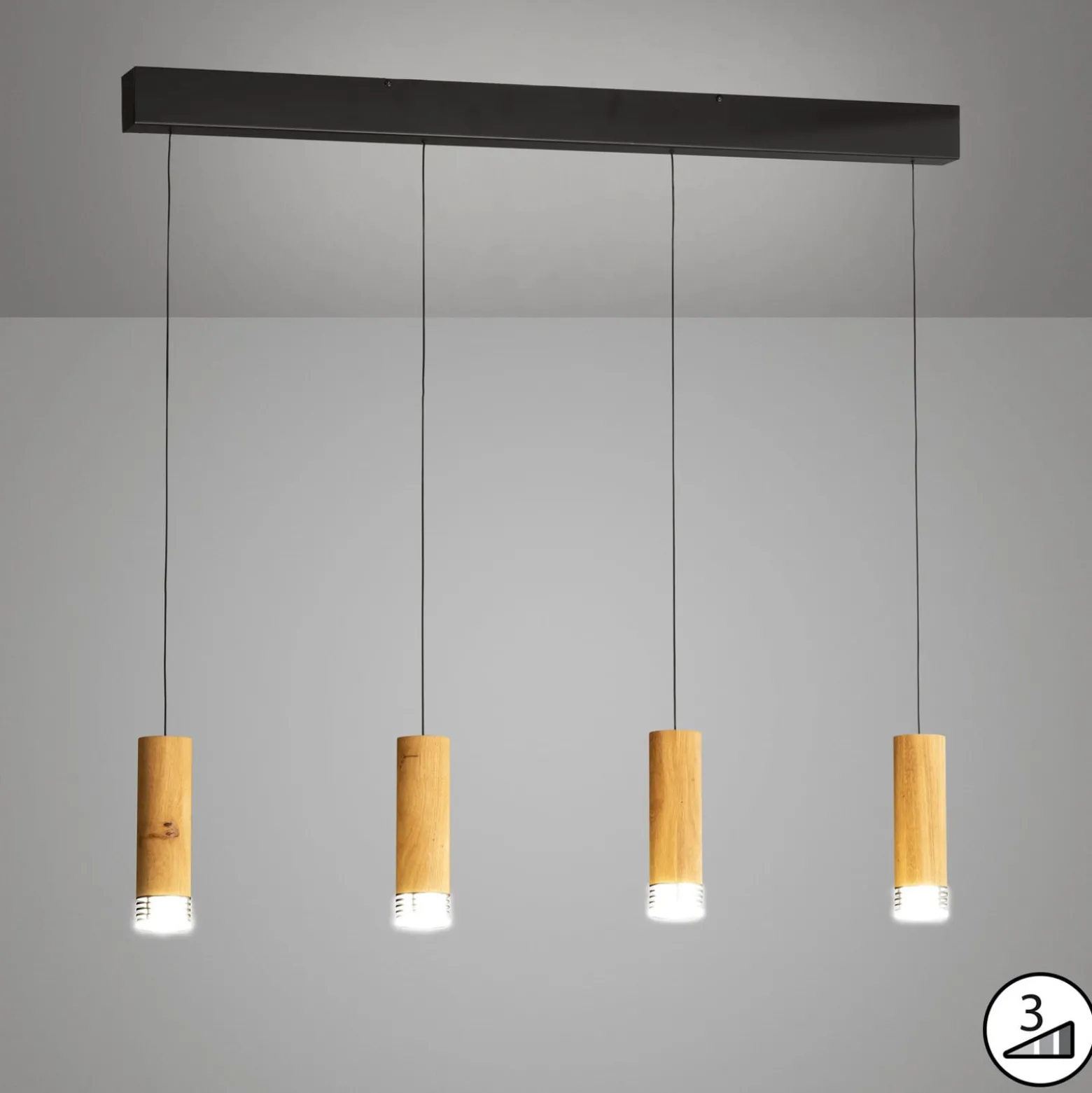 LED-Pendellampe Shine-Wood, 100 cm, Eiche/schwarz, 4-flg.