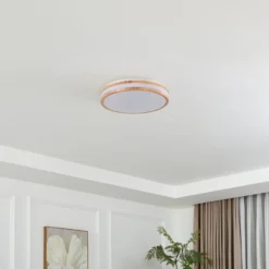 Lindby LED-Deckenlampe Emiva, Ø 40 cm, Holz hell, CCT