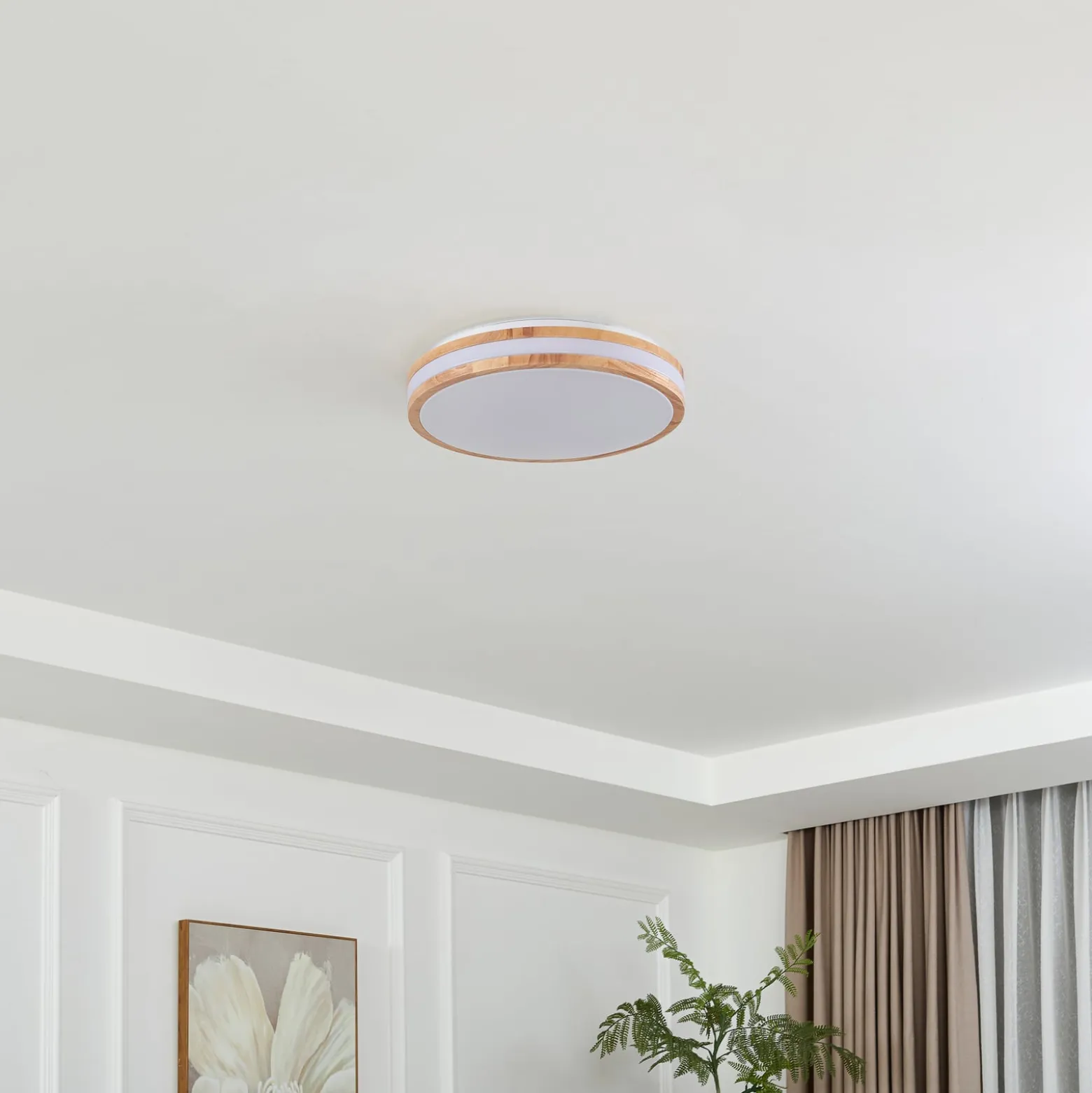 Lindby LED-Deckenlampe Emiva, Ø 40 cm, Holz hell, CCT