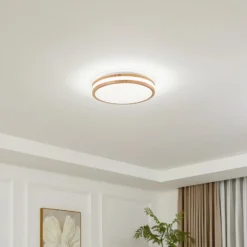 Lindby LED-Deckenlampe Emiva, Ø 40 cm, Holz hell, CCT