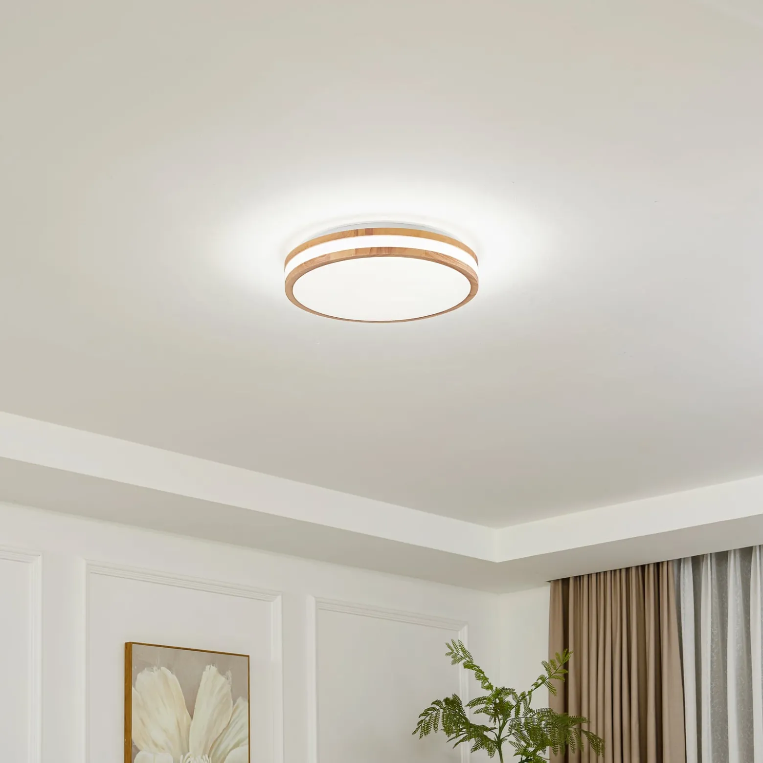 Lindby LED-Deckenlampe Emiva, Ø 40 cm, Holz hell, CCT