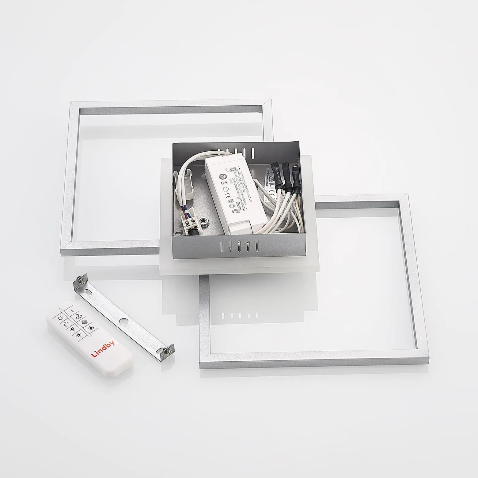 Lindby LED-Deckenlampe Fjardo, eckig, silber, CCT, Remote