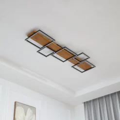 Lindby LED-Deckenlampe Galad, schwarz, Holz, 5-flg., 140 cm