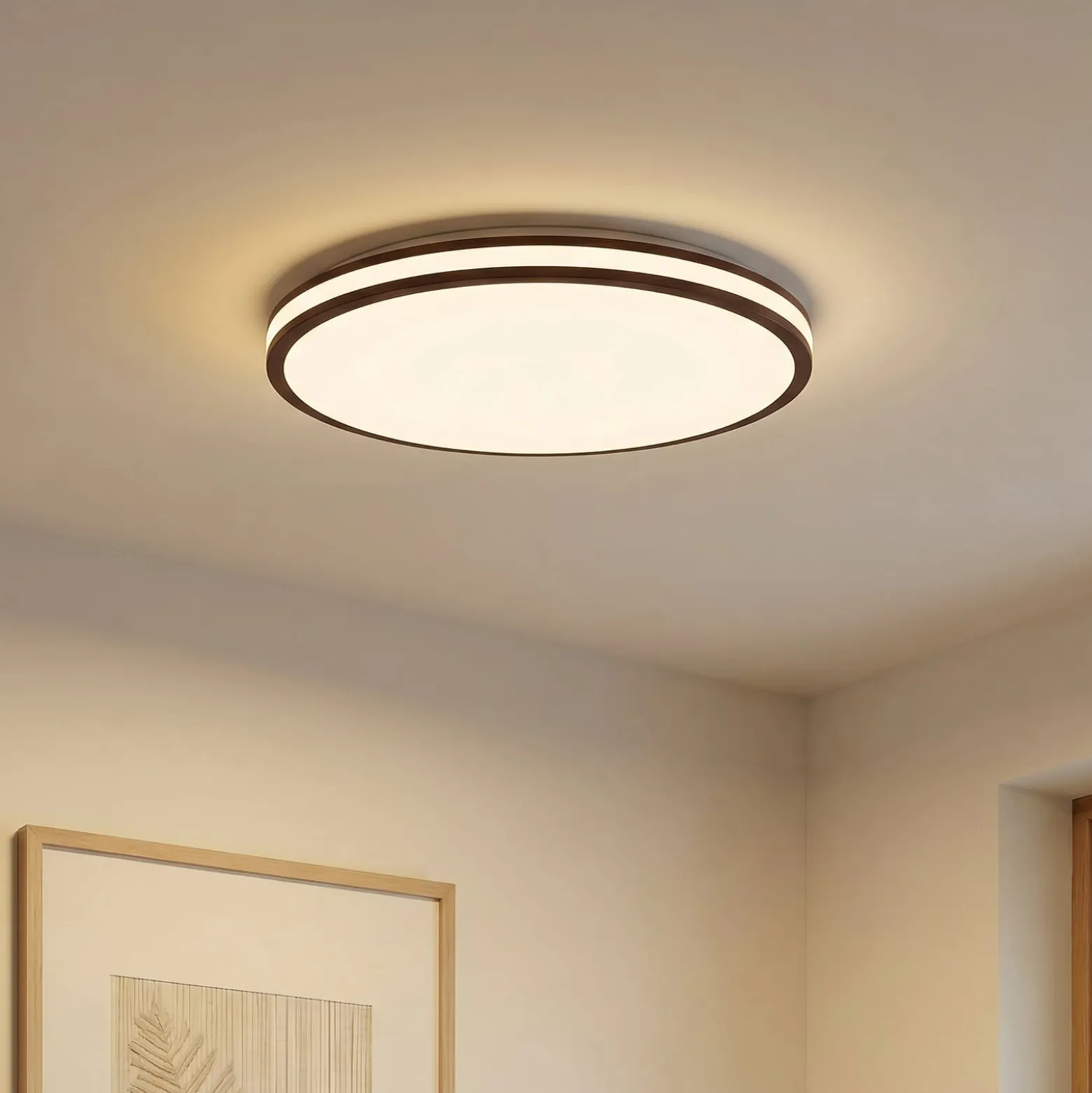 Lindby LED-Deckenleuchte Emiva, Ø 50 cm, Holz dunkel, CCT