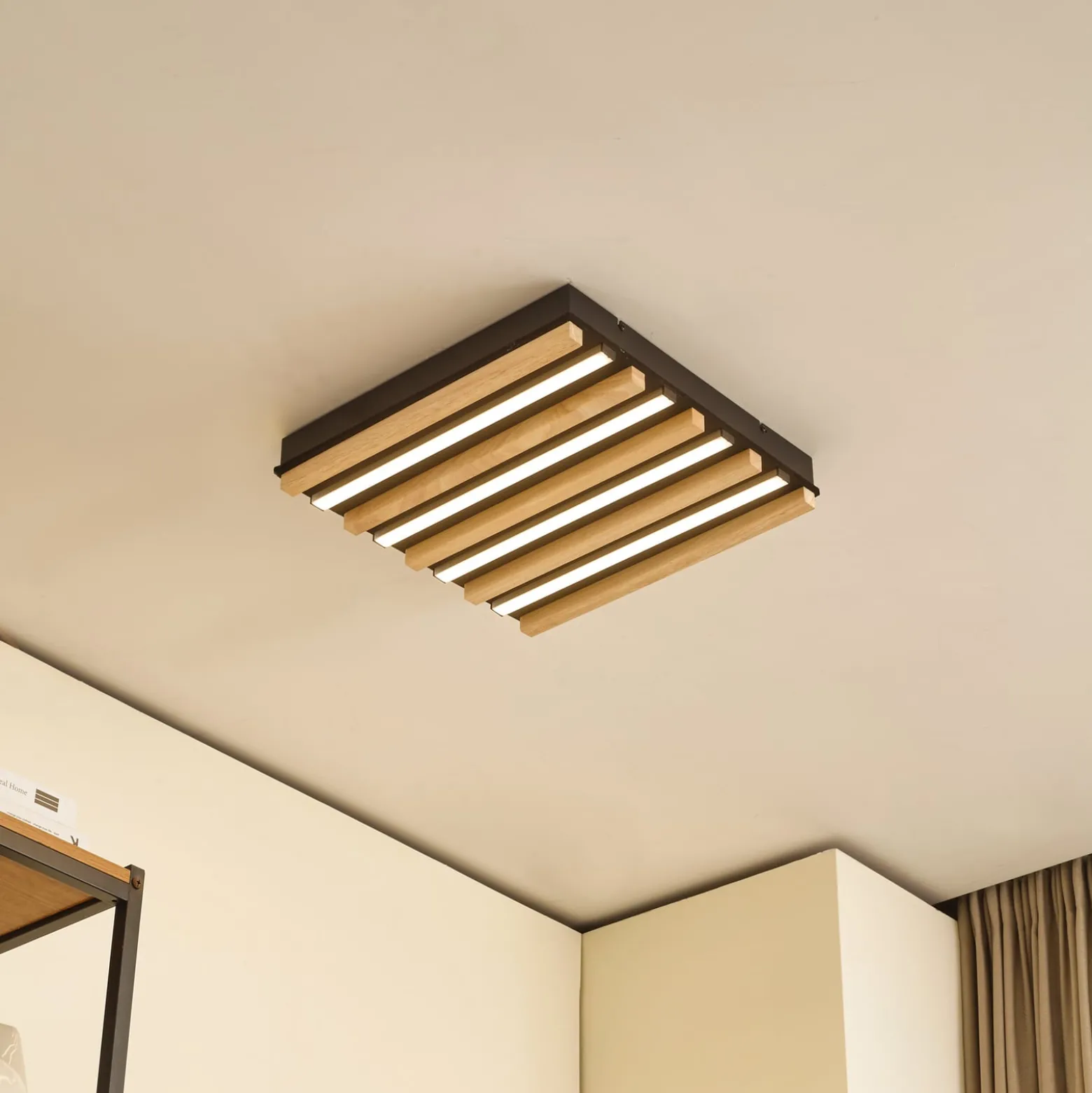 Lindby LED-Deckenleuchte Firka, weiß, Holz, 42cm, CCT, dim.