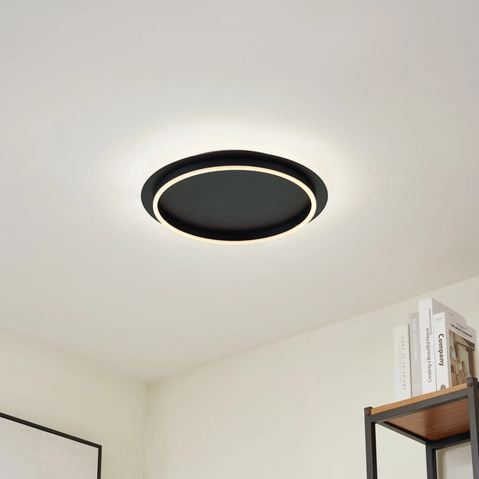 Lindby LED-Deckenleuchte Kunis, schwarz, Kunststoff, Ø 46 cm